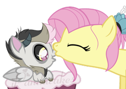 Size: 784x551 | Tagged: safe, artist:ipandacakes, base used, character:fluttershy, oc, oc:chaos cross, parent:discord, parent:fluttershy, parents:discoshy, species:pony, baby draconequus, female, hybrid, interspecies offspring, male, mother and child, mother and son, nuzzling, offspring, simple background, transparent background