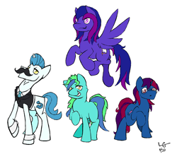 Size: 1612x1404 | Tagged: safe, alternate version, artist:lucas_gaxiola, oc, oc only, species:earth pony, species:pegasus, species:pony, species:unicorn, clothing, colored, cuffs (clothes), earth pony oc, facial hair, female, flying, glasses, group, horn, male, mare, moustache, necktie, pegasus oc, raised hoof, stallion, unicorn oc, wings