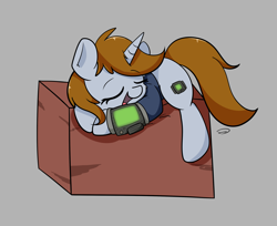 Size: 2453x1999 | Tagged: safe, artist:taurson, oc, oc only, oc:littlepip, species:pony, species:unicorn, fallout equestria, box, clothing, commission, cutie mark, eyes closed, fanfic, fanfic art, female, gray background, hooves, horn, mare, open mouth, pipbuck, simple background, sleeping, solo, vault suit