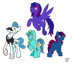 Size: 1636x1456 | Tagged: safe, alternate version, artist:lucas_gaxiola, oc, oc only, species:earth pony, species:pegasus, species:pony, species:unicorn, clothing, colored, cuffs (clothes), earth pony oc, facial hair, fake cutie mark, female, flying, glasses, group, horn, male, mare, moustache, necktie, pegasus oc, raised hoof, stallion, unicorn oc, wings