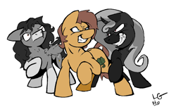 Size: 1258x766 | Tagged: safe, artist:lucas_gaxiola, oc, oc only, oc:charmed clover, species:earth pony, species:pony, species:unicorn, earth pony oc, female, grin, horn, male, mare, raised hoof, signature, simple background, smiling, socks (coat marking), stallion, unicorn oc, white background