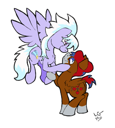 Size: 1300x1448 | Tagged: safe, artist:lucas_gaxiola, character:cloudchaser, oc, species:pegasus, species:pony, canon x oc, duo, flying, looking at each other, male, signature, simple background, smiling, socks (coat marking), stallion, white background