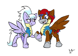 Size: 1252x908 | Tagged: safe, artist:lucas_gaxiola, character:cloudchaser, oc, species:pegasus, species:pony, clothing, female, holding hooves, male, mare, signature, simple background, smiling, stallion, uniform, white background, wonderbolt trainee uniform
