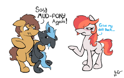 Size: 1312x828 | Tagged: safe, artist:lucas_gaxiola, oc, oc only, oc:charmed clover, species:earth pony, species:pony, species:unicorn, blushing, dialogue, earth pony oc, female, horn, male, mare, mud pony, plushie, punch, signature, simple background, smiling, stallion, unicorn oc, white background