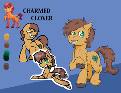 Size: 1024x786 | Tagged: safe, artist:lucas_gaxiola, oc, oc only, oc:charmed clover, species:earth pony, species:pony, clover, collaboration, earth pony oc, flower, flower in mouth, four leaf clover, grin, male, mouth hold, prone, raised hoof, reference sheet, smiling, stallion, story included, unshorn fetlocks