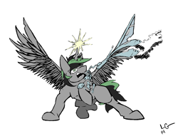Size: 1314x1006 | Tagged: safe, artist:lucas_gaxiola, oc, oc only, species:alicorn, species:pony, alicorn oc, amputee, artificial wings, augmented, glowing horn, horn, magic, prosthetic limb, prosthetic wing, prosthetics, raised hoof, signature, simple background, solo, spread wings, telekinesis, white background, wings