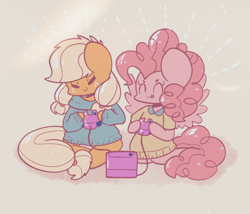 Size: 806x691 | Tagged: safe, artist:typhwosion, character:applejack, character:pinkie pie, species:pegasus, species:pony, ship:applepie, chibi, cute, dot eyes, female, gamecube, gamer pinkie, lesbian, pegasus pinkie pie, race swap, shipping, video game