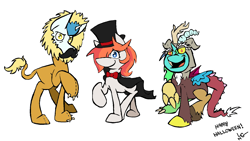 Size: 1510x852 | Tagged: safe, artist:lucas_gaxiola, character:discord, oc, oc only, species:draconequus, species:earth pony, species:pony, species:unicorn, big cat, bow tie, clothing, costume, earth pony oc, facial hair, female, hat, horn, lion, lion suit, male, mare, moustache, open mouth, raised hoof, signature, simple background, stallion, top hat, unicorn oc, white background
