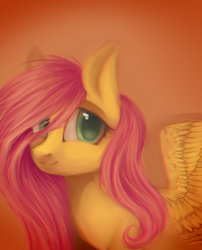 Size: 1110x1373 | Tagged: safe, artist:alphadesu, character:fluttershy, species:pegasus, species:pony, bust, cute, female, gradient background, looking at you, mare, orange background, portrait, shyabetes, solo, spread wings, stray strand, three quarter view, wings