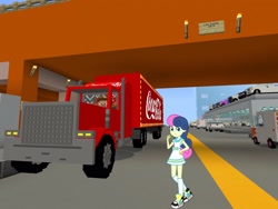 Size: 2048x1536 | Tagged: safe, artist:razethebeast, edit, editor:topsangtheman, character:bon bon, character:sweetie drops, my little pony:equestria girls, bridge, car, coca-cola, game screencap, looking at you, minecraft, truck