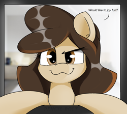 Size: 1712x1536 | Tagged: safe, artist:pencil bolt, oc, oc:louvely, species:earth pony, species:pony, bed, breaking the fourth wall, female, imminent sex, looking at you, solo