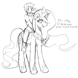 Size: 1000x1000 | Tagged: safe, artist:mewball, character:princess celestia, species:alicorn, species:human, species:pony, crown, grayscale, hoof shoes, humans riding ponies, innuendo, jewelry, looking back, momlestia, monochrome, nervous, peytral, regalia, riding, smiling, speech, standing
