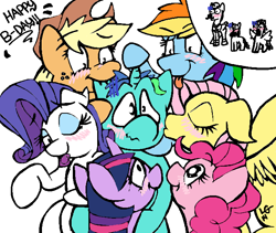 Size: 664x560 | Tagged: safe, artist:lucas_gaxiola, character:applejack, character:fluttershy, character:pinkie pie, character:rainbow dash, character:rarity, character:twilight sparkle, oc, species:earth pony, species:pegasus, species:pony, species:unicorn, blep, blush sticker, blushing, clothing, facial hair, female, freckles, happy birthday, harem, hat, kissing, male, mane six, mare, moustache, one eye closed, smiling, stallion, tongue out, wink