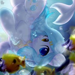 Size: 2449x2449 | Tagged: safe, artist:alphadesu, oc, oc only, absurd resolution, blue mane, blurred background, bubble, eyes open, female, fish, fish tail, gradient hooves, hairpin, heterochromia, looking at you, merpony, ocean, smiling, solo, sunlight, swimming, underwater, upside down, water