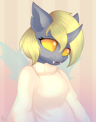 Size: 2172x2761 | Tagged: safe, artist:alphadesu, character:derpy hooves, species:anthro, species:changeling, abstract background, bust, changelingified, clothing, fangs, female, solo, species swap, sweater