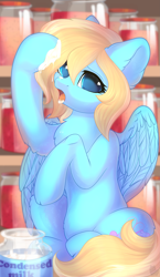 Size: 1865x3216 | Tagged: safe, artist:alphadesu, oc, oc only, oc:lusty symphony, species:pony, condensed milk, ear fluff, female, jar, licking, mare, sitting, solo, tongue out