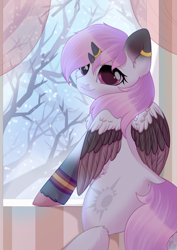 Size: 2059x2912 | Tagged: safe, artist:alphadesu, oc, oc only, oc:neapolitan, bicorn, colored ears, colored wings, curved horn, ear piercing, earring, horn, horn ring, jewelry, looking at you, piercing, snow, snowfall, solo, tree, unshorn fetlocks, wings, winter
