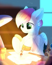 Size: 1024x1280 | Tagged: safe, artist:alphadesu, oc, oc only, species:pony, brush, desk, drawing, easter, easter egg, holiday, hoof hold, sitting, solo