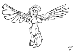 Size: 2424x1672 | Tagged: safe, artist:lucas_gaxiola, oc, oc only, species:pegasus, species:pony, amputee, artificial wings, augmented, crossed arms, flying, male, pegasus oc, prosthetic limb, prosthetic wing, prosthetics, signature, smiling, solo, spread wings, stallion, unshorn fetlocks, wings