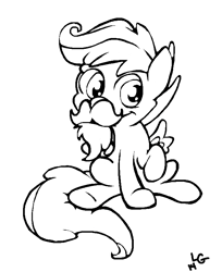 Size: 618x758 | Tagged: safe, artist:lucas_gaxiola, character:scootaloo, species:pegasus, species:pony, fake moustache, female, filly, lineart, monochrome, raised hoof, signature, sitting, solo