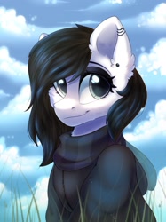 Size: 1535x2048 | Tagged: safe, artist:alphadesu, oc, oc only, oc:lodey darkshine, species:pony, bust, cheek fluff, clothing, cloud, commission, ear fluff, ear piercing, earring, eyeshadow, female, grass, jewelry, makeup, mare, piercing, scarf, signature, sitting, sky, smiling, solo, sweater, ych result