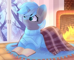 Size: 1280x1047 | Tagged: safe, artist:alphadesu, oc, oc only, oc:rion, species:pony, species:unicorn, book, clothing, crossed hooves, ear fluff, female, fireplace, indoors, mare, reading, snow, snowfall, solo, sweater, tree, window, winter