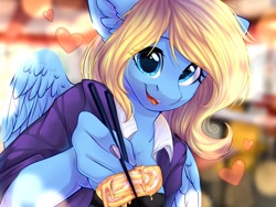 Size: 1280x960 | Tagged: safe, artist:alphadesu, oc, oc only, oc:lusty symphony, species:anthro, species:pegasus, species:pony, anthro oc, chopsticks, clothing, ear fluff, floating, food, looking at you, open mouth, smiling, wings