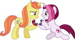 Size: 3678x1991 | Tagged: safe, artist:ironm17, character:cayenne, character:citrus blush, species:pony, species:unicorn, episode:the big mac question, g4, my little pony: friendship is magic, citruyenne, duo, engagement ring, female, lesbian, mare, marriage proposal, raised hoof, ring, shipping, simple background, smiling, transparent background, vector