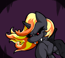 Size: 896x798 | Tagged: safe, artist:lucas_gaxiola, oc, oc only, oc:incendia, species:pony, species:unicorn, black sclera, cape, clothing, evil grin, fangs, grin, horn, raised hoof, red eyes, smiling, solo, unicorn oc