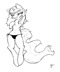 Size: 1928x2312 | Tagged: safe, artist:lucas_gaxiola, oc, oc only, species:pony, species:unicorn, arm behind head, armpits, bedroom eyes, clothing, female, horn, lineart, mare, monochrome, on back, panties, signature, solo, underwear, unicorn oc