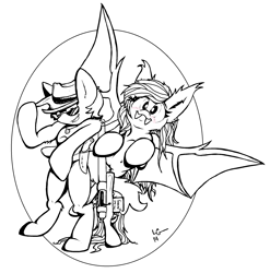 Size: 2312x2336 | Tagged: safe, artist:lucas_gaxiola, oc, oc only, oc:charmed clover, species:bat pony, species:pony, bat pony oc, bipedal, clothing, duo, female, grin, gun, hat, lineart, male, mare, monochrome, not fluttershy, signature, simple background, smiling, spread wings, stallion, sunglasses, weapon, white background, wings