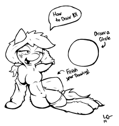 Size: 1360x1440 | Tagged: safe, artist:lucas_gaxiola, character:applejack, species:earth pony, species:pony, bedroom eyes, clothing, female, freckles, how to draw, how to draw an owl meme, lineart, mare, monochrome, signature, socks, solo, speech, text, tutorial