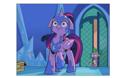Size: 1989x1257 | Tagged: safe, artist:saturdaymorningproj, character:spike, character:twilight sparkle, character:twilight sparkle (alicorn), species:alicorn, species:dragon, species:pony, armor, caught, clothing, cosplay, costume, floppy ears, hoof shoes, implied nightmare moon, one hoof raised, simple background, transparent background, twilight's castle
