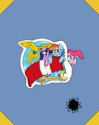 Size: 2550x3200 | Tagged: safe, artist:lucas_gaxiola, character:pinkie pie, character:rainbow dash, character:twilight sparkle, character:twilight sparkle (unicorn), species:bird, species:earth pony, species:parrot, species:pegasus, species:pony, species:unicorn, female, flying, fourth wall, grin, mare, smiling