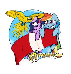 Size: 1516x1572 | Tagged: safe, alternate version, artist:lucas_gaxiola, character:rainbow dash, character:twilight sparkle, character:twilight sparkle (unicorn), species:bird, species:parrot, species:pegasus, species:pony, species:unicorn, blue-and-yellow macaw, female, flying, grin, macaw, mare, simple background, smiling, white background