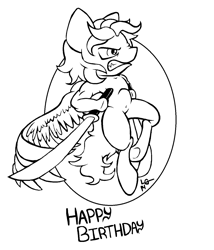 Size: 1164x1360 | Tagged: safe, artist:lucas_gaxiola, oc, oc only, oc:the brony chef, species:anthro, species:pegasus, species:pony, species:unguligrade anthro, flying, gritted teeth, happy birthday, lineart, male, monochrome, pegasus oc, scowl, signature, solo, sword, underhoof, weapon, wings