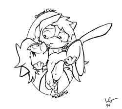 Size: 1584x1412 | Tagged: safe, artist:lucas_gaxiola, oc, oc:charmed clover, species:anthro, species:unguligrade anthro, armpits, bridal carry, carrying, female, lineart, looking at each other, male, monochrome, oc x oc, shipping, signature, smiling, text