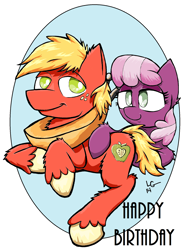 Size: 1564x2024 | Tagged: safe, artist:lucas_gaxiola, character:big mcintosh, character:cheerilee, species:earth pony, species:pony, duo, female, freckles, happy birthday, male, mare, prone, signature, smiling, stallion, unshorn fetlocks, yoke