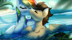 Size: 1920x1080 | Tagged: safe, artist:oofycolorful, character:rainbow dash, oc, oc:skittle, species:pegasus, species:pony, canon x oc, cute, female, kissing, male, shipping, skidash, stallion, straight, surfboard