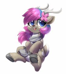 Size: 1400x1600 | Tagged: safe, artist:oofycolorful, oc, oc only, species:deer, chest fluff, clothing, cute, deer oc, pale belly, scarf, sitting, solo, unshorn fetlocks