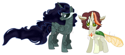 Size: 1600x702 | Tagged: safe, artist:ipandacakes, base used, oc, oc only, parent:nightmare moon, parent:sunburst, parent:thorax, parents:thoraxburst, species:changepony, duo, hybrid, interspecies offspring, magical lesbian spawn, offspring, parent:rabia, simple background, transparent background, watermark