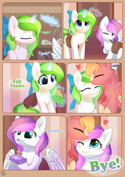 Size: 800x1132 | Tagged: safe, artist:alphadesu, oc, oc only, oc:minty root, oc:snow kicker, species:pegasus, species:pony, species:unicorn, comic:sisterly love, bag, book, bow, comic, ear fluff, explicit series, eyes closed, female, glowing horn, gritted teeth, hair bow, hooves, horn, levitation, magic, mare, one eye closed, open mouth, saddle bag, sitting, smiling, spread wings, standing, telekinesis, wings