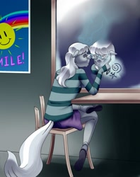 Size: 1013x1280 | Tagged: safe, artist:amaraburrger, character:silver spoon, species:anthro, species:earth pony, species:pony, g4, chair, clothing, digital art, female, lonely, mirror, poster, sad, sitting, solo, windigo