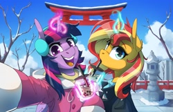 Size: 4096x2650 | Tagged: safe, artist:anticular, character:sunset shimmer, character:twilight sparkle, character:twilight sparkle (alicorn), species:alicorn, species:pony, species:unicorn, bubble tea, clothing, cold, cup, cute, drink, drinking, drinking straw, duo, ear fluff, earmuffs, female, glowing horn, high res, horn, jacket, japan, looking at you, magic, mare, open mouth, selfie, smiling, snow, telekinesis, winter, winter outfit