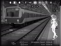 Size: 2048x1536 | Tagged: safe, artist:razethebeast, editor:topsangtheman, character:bon bon, character:sweetie drops, my little pony:equestria girls, grayscale, hmmsim2, looking at you, monochrome, seoul, south korea, train, train station