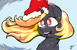 Size: 1768x1160 | Tagged: safe, alternate version, artist:lucas_gaxiola, oc, oc only, oc:incendia, species:pony, species:unicorn, :d, abstract background, bust, christmas, clothing, female, hat, holiday, horn, mare, open mouth, santa hat, signature, smiling, solo, unicorn oc