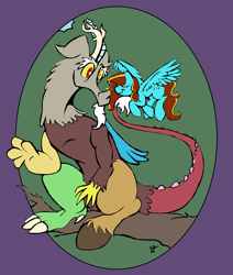 Size: 912x1078 | Tagged: safe, alternate version, artist:lucas_gaxiola, character:discord, oc, oc:ilovekimpossiblealot, species:draconequus, species:pegasus, species:pony, colored, duo, female, flying, mare