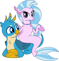 Size: 7803x8018 | Tagged: safe, artist:chainchomp2 edit, artist:phucknuckl, character:gallus, character:silverstream, species:griffon, species:seapony (g4), ship:gallstream, episode:school daze, g4, my little pony: friendship is magic, .svg available, absurd resolution, catbird, crossed arms, cute, diastreamies, female, gallabetes, griffons doing cat things, jewelry, lounging, male, necklace, paws, prone, shipping, simple background, smiling, straight, transparent background, vector, ¯\(ツ)/¯