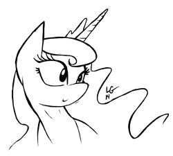 Size: 1300x1168 | Tagged: safe, artist:lucas_gaxiola, character:princess luna, species:alicorn, species:pony, bust, female, jewelry, lineart, mare, monochrome, signature, smiling, solo, tiara