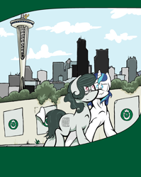 Size: 2550x3200 | Tagged: safe, alternate version, artist:lucas_gaxiola, character:shining armor, oc, oc:charmed clover, species:earth pony, species:pony, species:unicorn, building, cloud, colored, female, glasses, male, mare, smiling, stallion, walking
